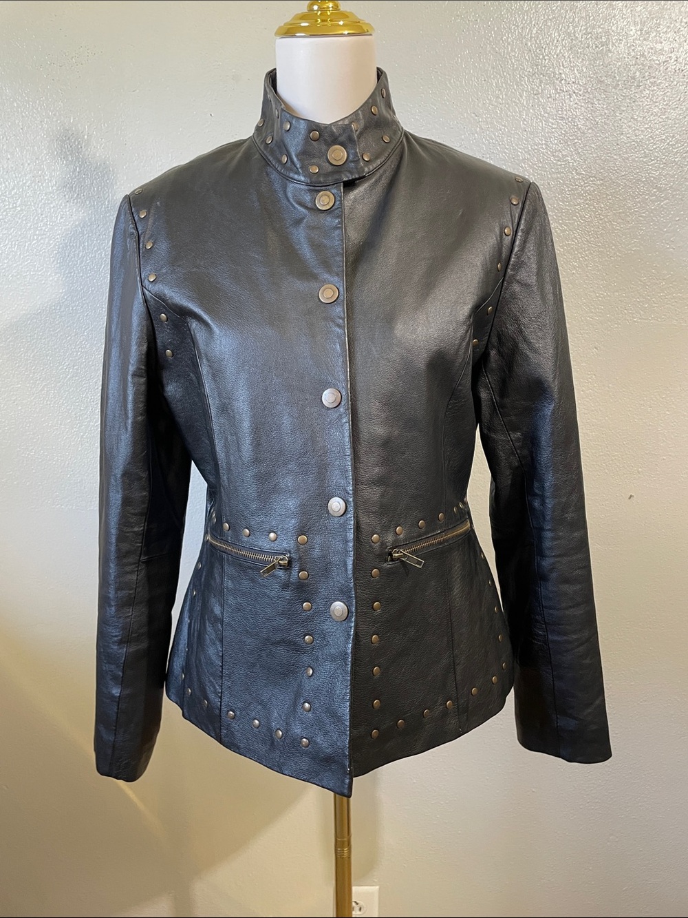 Excelled Leather Moto Jacket Dark Academia Edgy Black Medium Fitted Gothic Punk